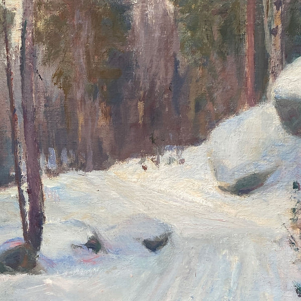AKSEL P. KNUDSEN Oil on Canvas Painting, Scandinavian Snowy Forest Road