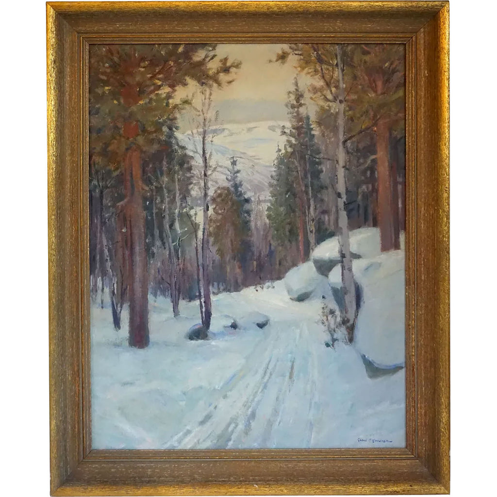Aksel Riber Maleri AKSEL P. KNUDSEN Oil on Canvas Painting, Scandinavian Snowy Forest Road