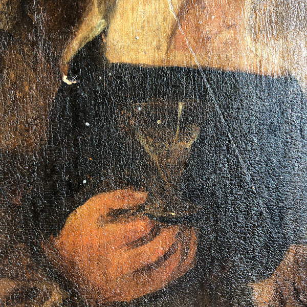 Flemish School Oil on Panel Painting, Drunken Courtship Tavern Scene