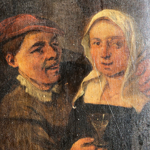 Flemish School Oil on Panel Painting, Drunken Courtship Tavern Scene