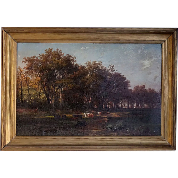 ALBERT BORRIS Oil on Canvas Painting, German Pastoral Fall Landscape of Grazing Cows