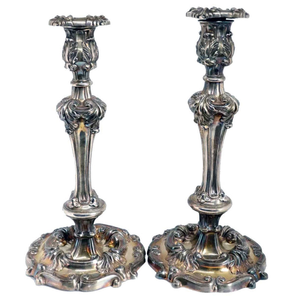 Large Pair of American Reed & Barton Rococo Revival Silverplate Repousse Candlesticks