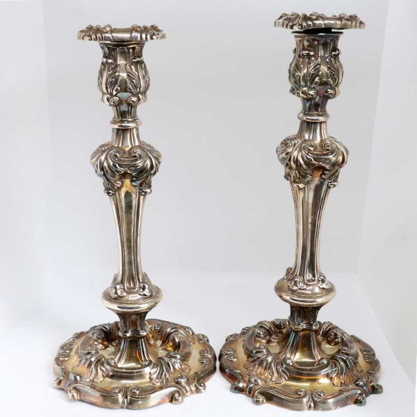 Large Pair of American Reed & Barton Rococo Revival Silverplate Repousse Candlesticks