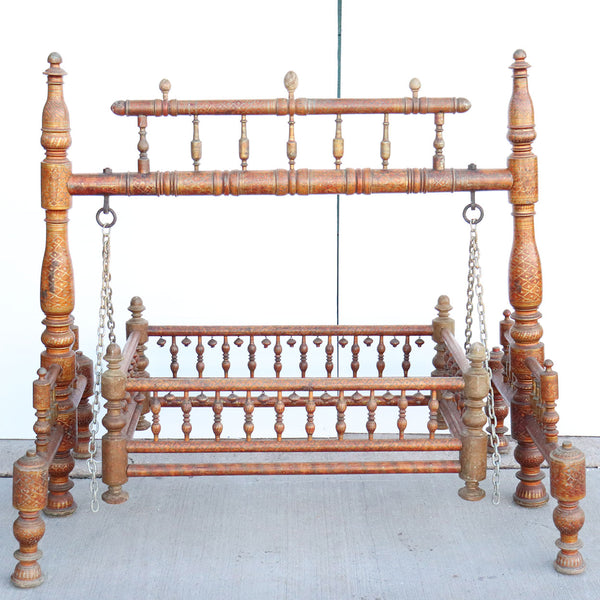 Indian Teak Gilt Decorated (Jhoula) Cradle (Palan) Shrine Swing