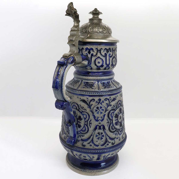 German Westerwald Pewter and Salt Glazed Stoneware Pottery Ale Pitcher