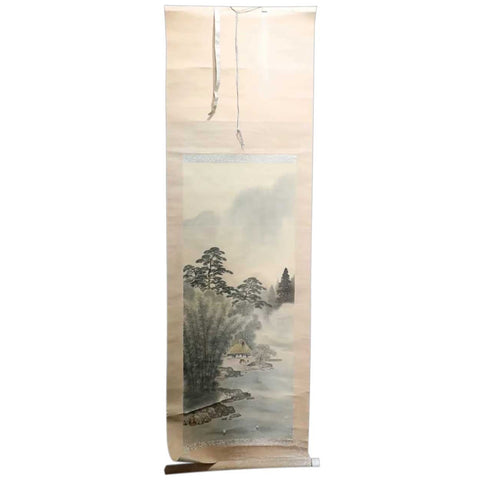 Japanese Meiji Vertical Ink and Watercolor Hanging Scroll (Kakejiku) Painting with Box