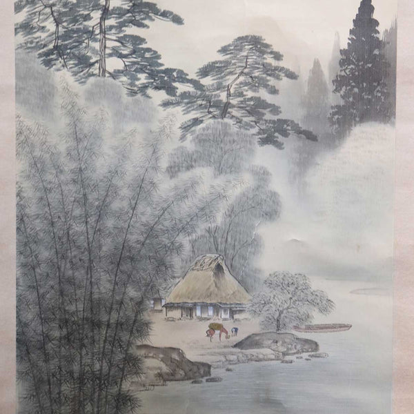 Japanese Meiji Vertical Ink and Watercolor Hanging Scroll (Kakejiku) Painting with Box