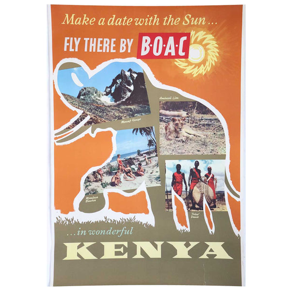 Vintage British Overseas Airways Commercial Airline Advertising Travel Poster, Kenya