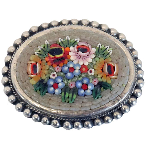 Vintage Italian Micromosaic Floral Oval Brooch / Pin