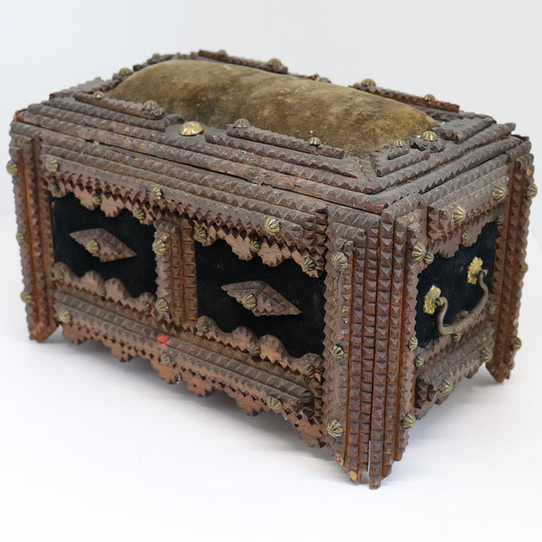 American Pennsylvania Brass Mounted Pine and Mirror Tramp Art Sewing Box