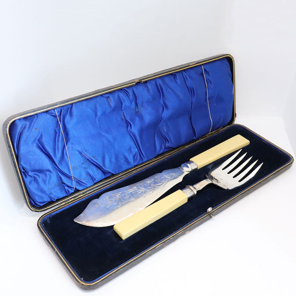 Cased English William Yates Sterling Silver, Silverplate and Celluloid Fish Serving Knife and Fork