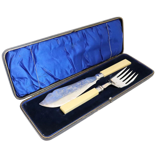 Cased English William Yates Sterling Silver, Silverplate and Celluloid Fish Serving Knife and Fork