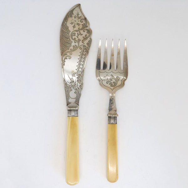 English Victorian William Beatson Silver, Silverplate Fish Serving Fork and Knife Set