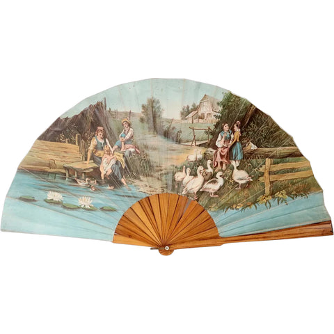 Large French Printed Fabric and Wood Folding Decorative Fan