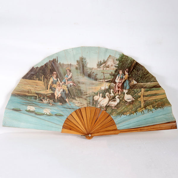 Large French Printed Fabric and Wood Folding Decorative Fan