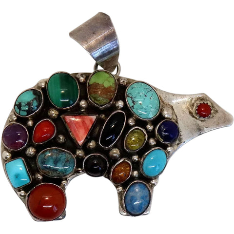 Native American Emer Thompson Navajo Multi-Stone Silver Fetish Bear Pendant