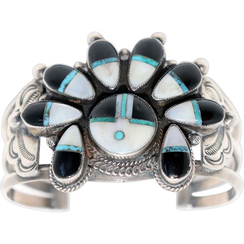 Vintage Native American Zuni Silver and Multi-Stone Sun Face Cuff Bracelet