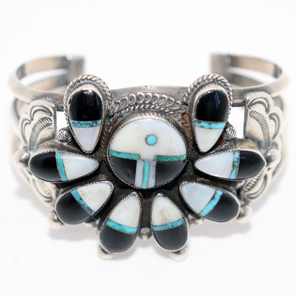 Vintage Native American Zuni Silver and Multi-Stone Sun Face Cuff Bracelet