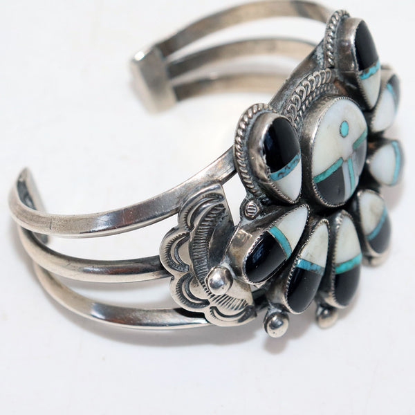 Vintage Native American Zuni Silver and Multi-Stone Sun Face Cuff Bracelet
