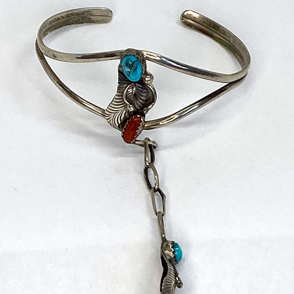 Native American Navajo Silver, Turquoise, Coral Cuff Slave Bracelet Ring