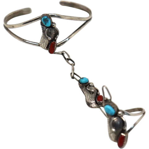 Native American Navajo Silver, Turquoise, Coral Cuff Slave Bracelet Ring