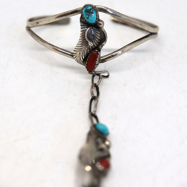 Native American Navajo Silver, Turquoise, Coral Cuff Slave Bracelet Ring