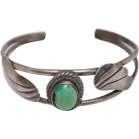 Vintage American Southwest Silver Leaf and Turquoise Cuff Bracelet