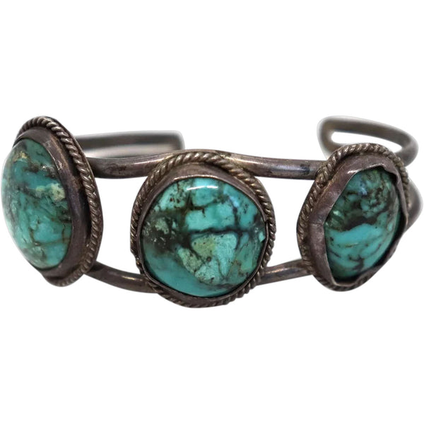 Vintage American Southwest Silver and Turquoise Three-Stone Cuff Bracelet