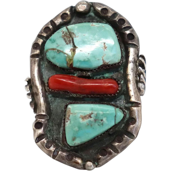 Native American Pawn Silver, Turquoise and Coral Bear Claw Ring