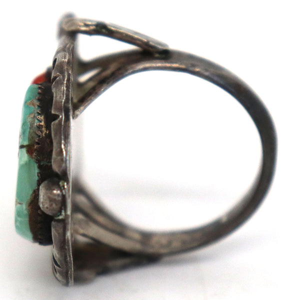 Native American Pawn Silver, Turquoise and Coral Bear Claw Ring