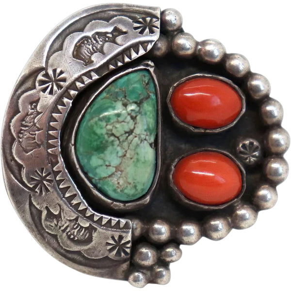 Vintage Native American Bear Stamped Silver, Turquoise and Coral Ring