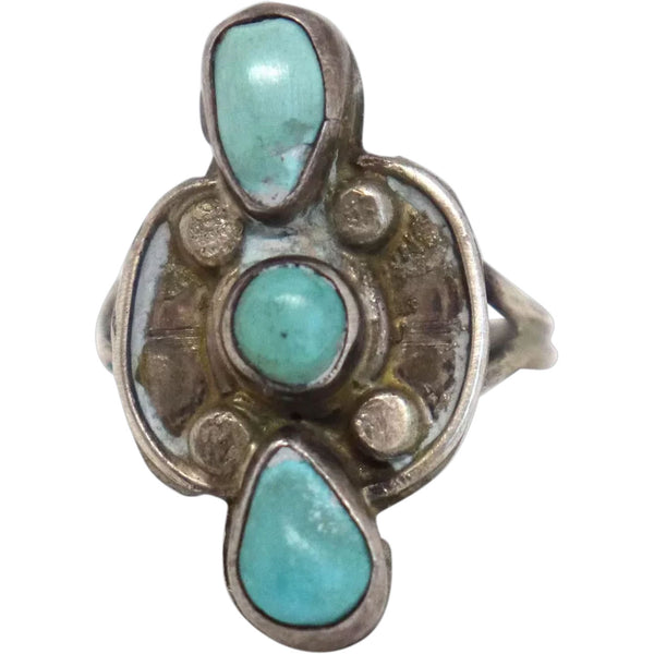 Vintage American Southwest Silver Three-Stone Turquoise Ring