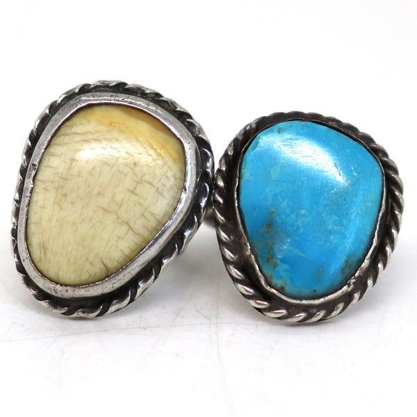 Two Vintage Native American Silver, Antler and Turquoise Rings