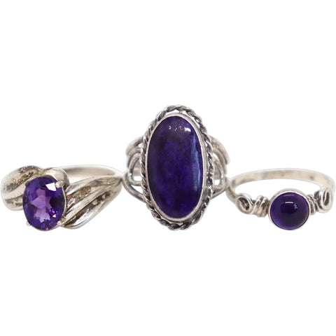 Collection Three Vintage Silver, Amethyst and Purple Stone Lady's Rings