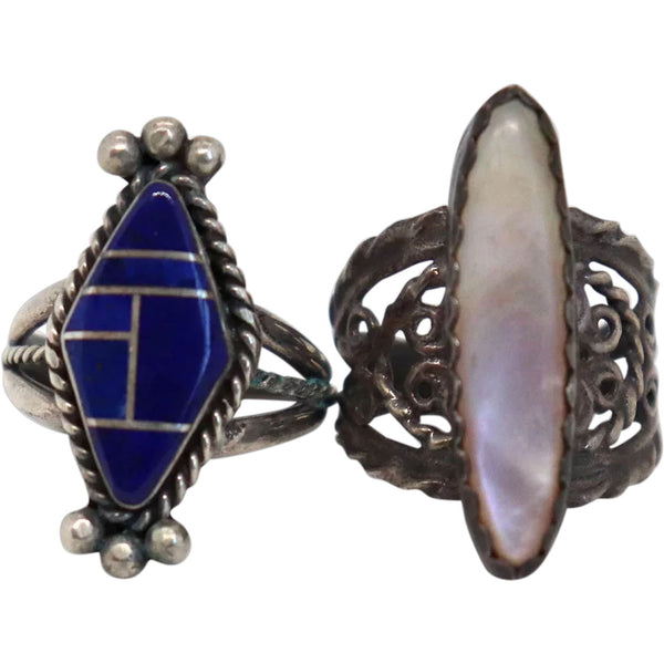 Two Vintage American Silver, Inlaid Lapis Lazuli and Mother-of-Pearl Rings