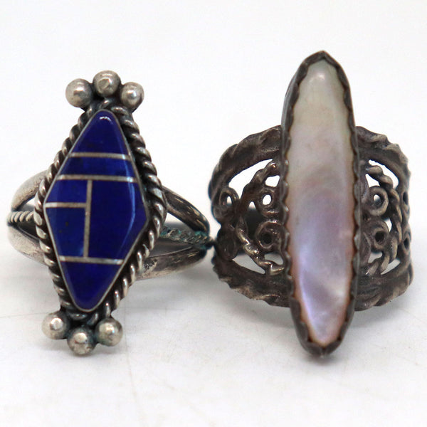 Two Vintage American Silver, Inlaid Lapis Lazuli and Mother-of-Pearl Rings
