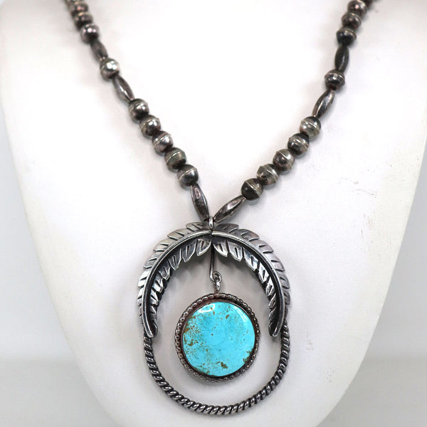 American Southwest Sterling Silver and Turquoise Pendant Beaded Necklace