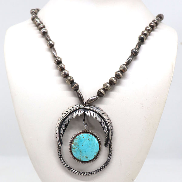 American Southwest Sterling Silver and Turquoise Pendant Beaded Necklace