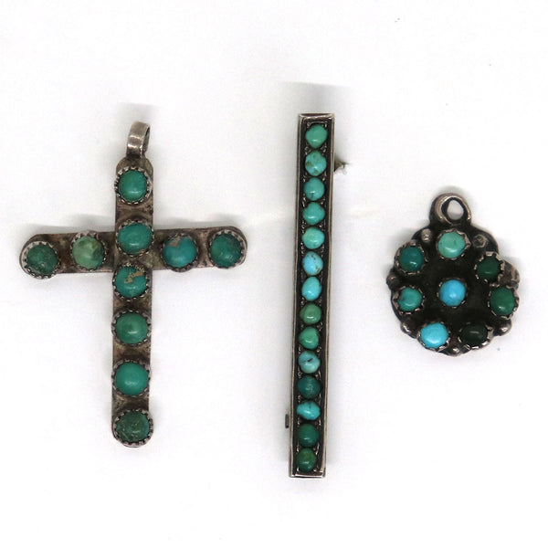 Vintage Native American Silver, Turquoise Pendants and Bar Pin (3 Pieces)