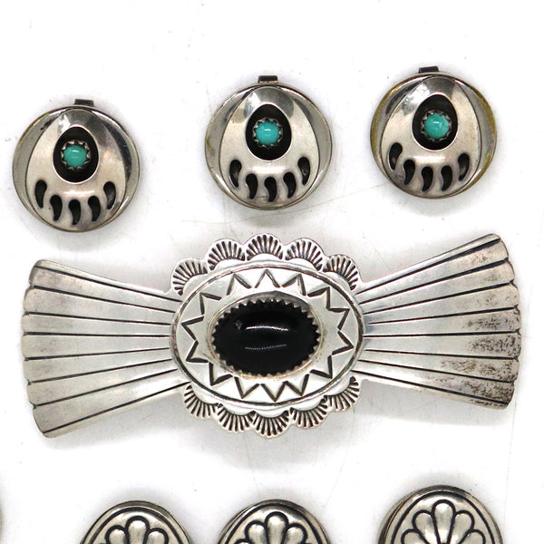 Native American Navajo Ernest McCrea Silver, Onyx Barrette and Button Covers