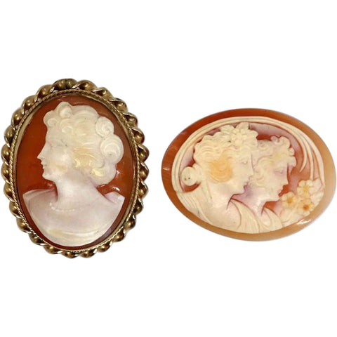 Vintage Italian Art Nouveau 12K Gold Filled Shell Brooch and Cameo (2 Pieces)