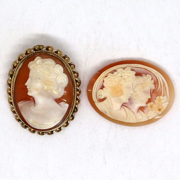 Vintage Italian Art Nouveau 12K Gold Filled Shell Brooch and Cameo (2 Pieces)