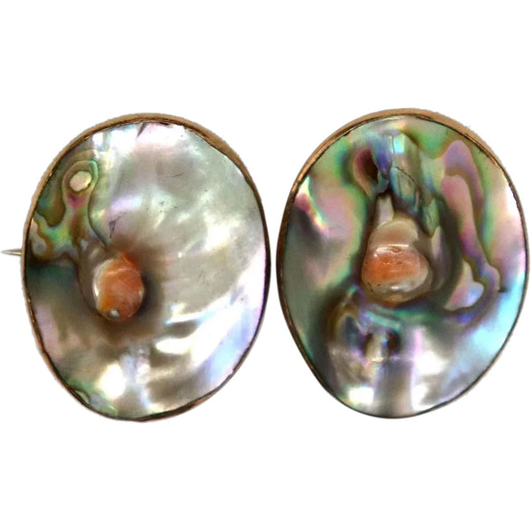 Pair of Vintage Abalone Shell Blister Pearl Oval Brooch Pins