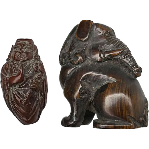Vintage Chinese Nut Buddha Bead and Japanese Wood Elephant Netsuke (2 Pieces)