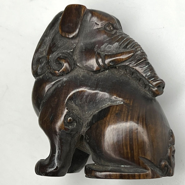Vintage Chinese Nut Buddha Bead and Japanese Wood Elephant Netsuke (2 Pieces)