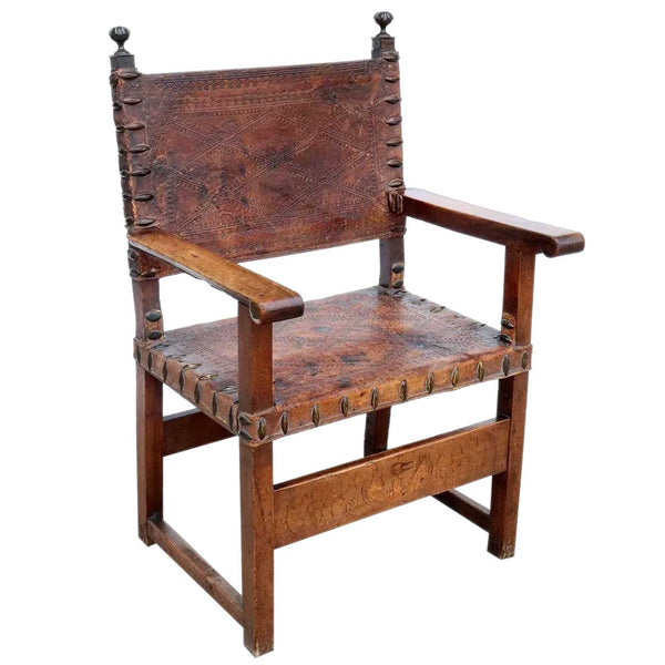 Spanish Baroque Marquetry Walnut and Tooled Leather Armorial Armchair