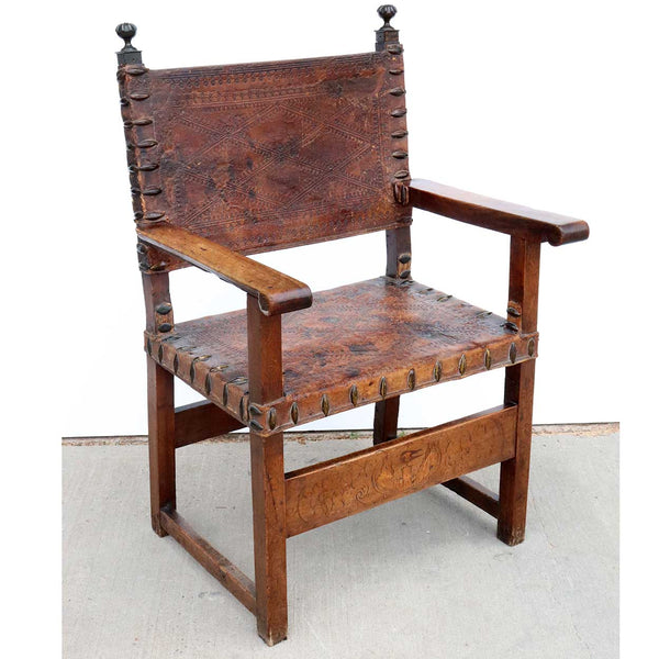 Spanish Baroque Marquetry Walnut and Tooled Leather Armorial Armchair