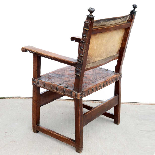 Spanish Baroque Marquetry Walnut and Tooled Leather Armorial Armchair