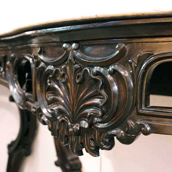 Large Pair of Anglo Indian Rococo Style Marble Top Mahogany Console Tables