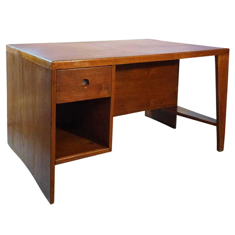 Vintage PIERRE JEANNERET Teak and Leather Kneehole Desk from Chandigarh, India